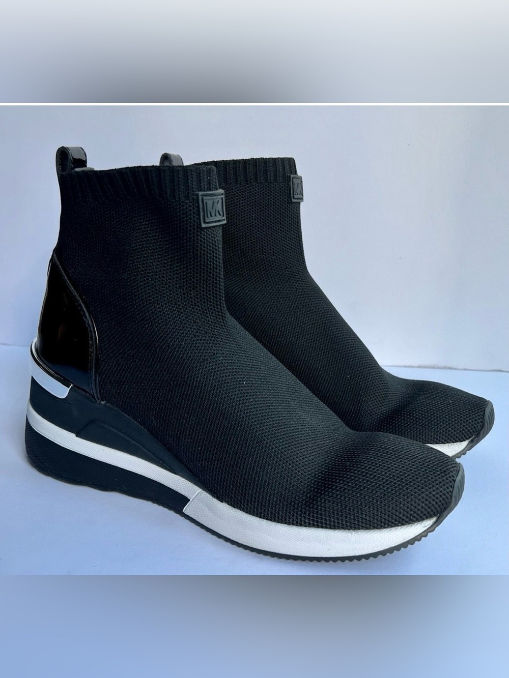 Michael Kors Black Knit Sock Sneakers with White Platform